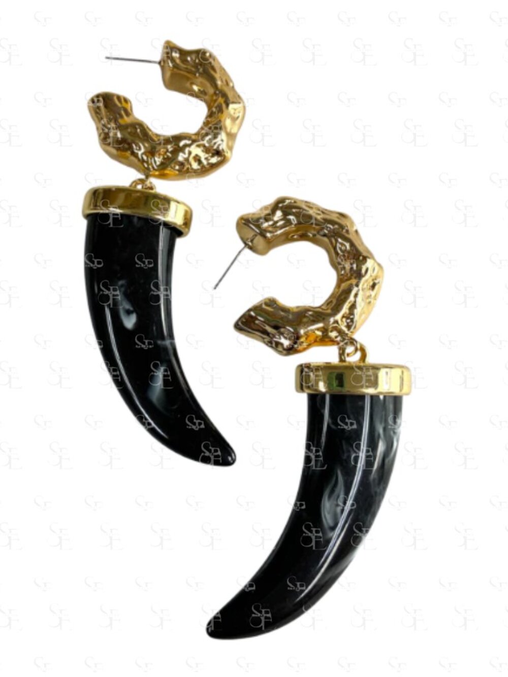 Gold & Black Sculptural Horn Statement Earrings